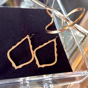 Kendra Scott rose gold earrings, and bangle